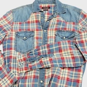 ZARA Man western shirt, denim, plaid, cowboy, size small slim fit